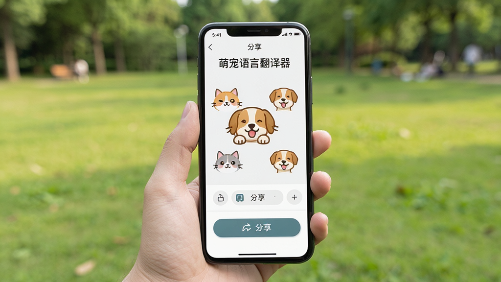 一只手拿着手机展示“萌宠语言翻译器”的分享界面,屏幕上有可爱的猫狗表情包和分享按钮,背景是虚化的公园草地,风格为生活化摄影,细节丰富,画质清晰,干净,无多余元素