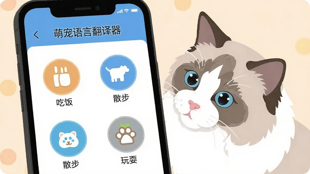 手机界面展示“萌宠语言翻译器”的场景选择菜单,包含吃饭、散步、玩耍等图标,旁边有一只布偶猫好奇地看着屏幕,风格为扁平化UI设计展示图,布局清晰,细节干净,画质清晰,无多余元素