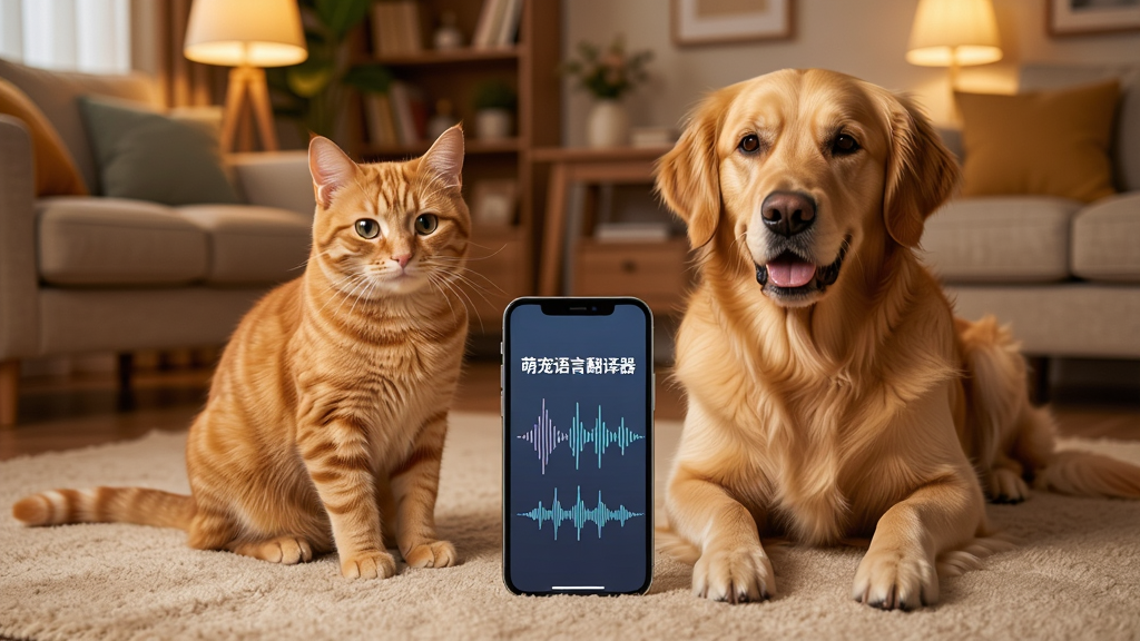 一只可爱的橘猫和一只金毛犬并排坐在客厅地毯上,中间放着一部智能手机,手机屏幕上显示着声波波纹和“萌宠语言翻译器”字样,背景是温馨的家居环境,暖色调灯光,风格为写实摄影,细节丰富,画质清晰,干净,无多余元素