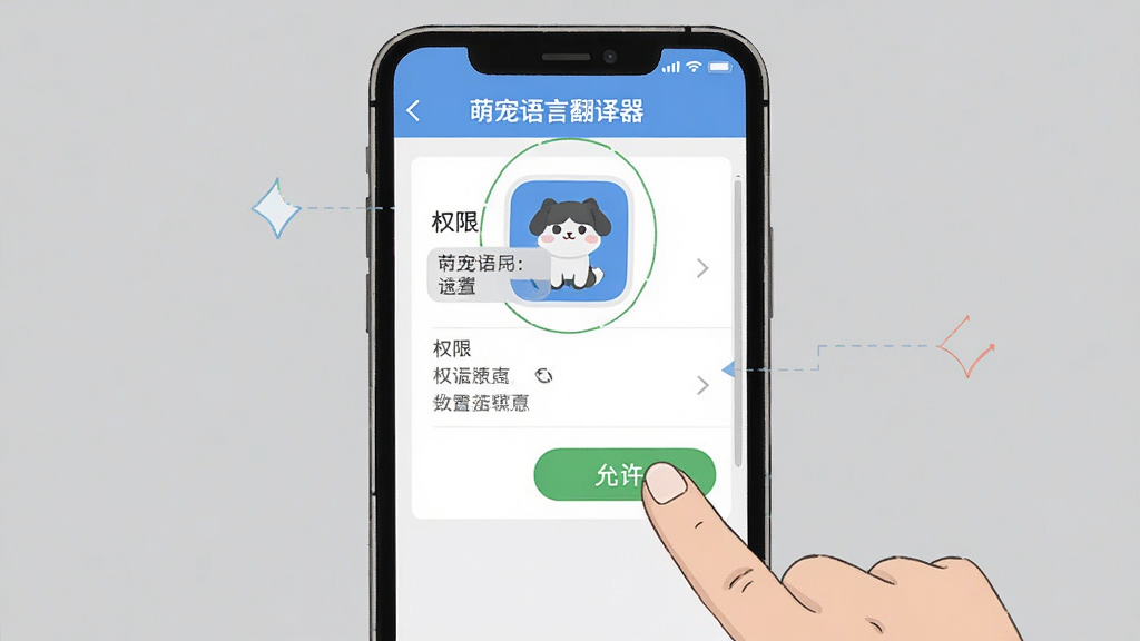 手机屏幕显示“萌宠语言翻译器”的权限设置界面,旁边有手指正在点击“允许”按钮,背景是简洁的灰色,风格为教程示意图,画质清晰,干净,无多余元素