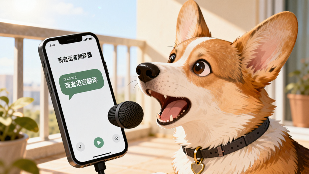 一只戴着项圈的柯基犬正对着手机麦克风叫,手机屏幕亮起显示“萌宠语言翻译器”界面和翻译出的文字气泡,场景在阳光充足的阳台,风格为清新插画,细节生动,画质清晰,干净,无多余元素