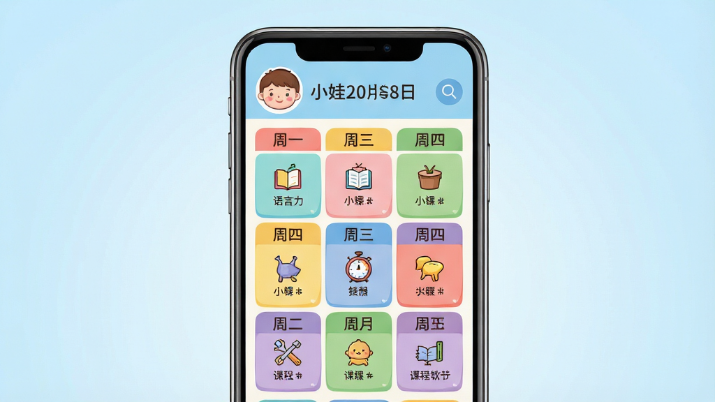 一张展示小娃课表软件主界面的图片,画面中央是手机屏幕,屏幕内显示彩色卡通风格的课程表界面,有周一到周五的课程格子,每个格子里有不同颜色的小图标代表语文数学英语等科目,顶部有小朋友头像和日期,背景是柔和的浅蓝色渐变,整体风格清新可爱,画质清晰明亮,干净整洁,无多余元素
