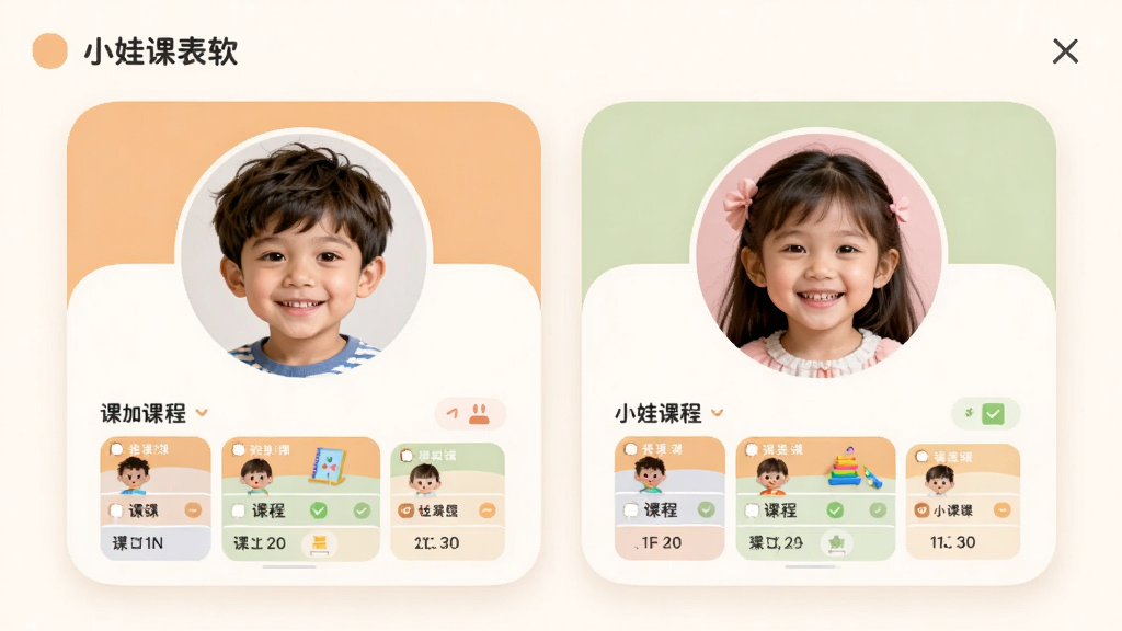 小娃课表软件中多孩子管理的界面截图,画面中展示两个小朋友的头像并排显示,一个男孩一个女孩,每个头像下方有各自的课程表缩略图,界面采用圆角卡片设计,配色温暖柔和,背景干净简洁,画质清晰,无多余装饰元素