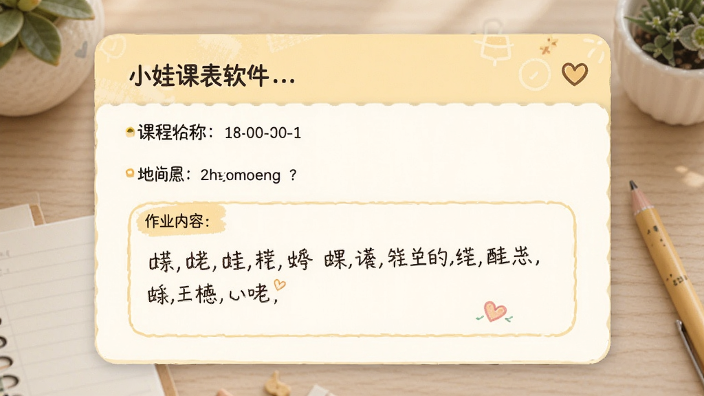 小娃课表软件中作业备注功能的界面展示,画面显示一个课程详情卡片,卡片内有课程名称、时间、地点以及作业内容文本框,文本框内写有手写风格的文字,界面采用浅黄色和白色的配色方案,风格温馨,画质清晰,干净整洁
