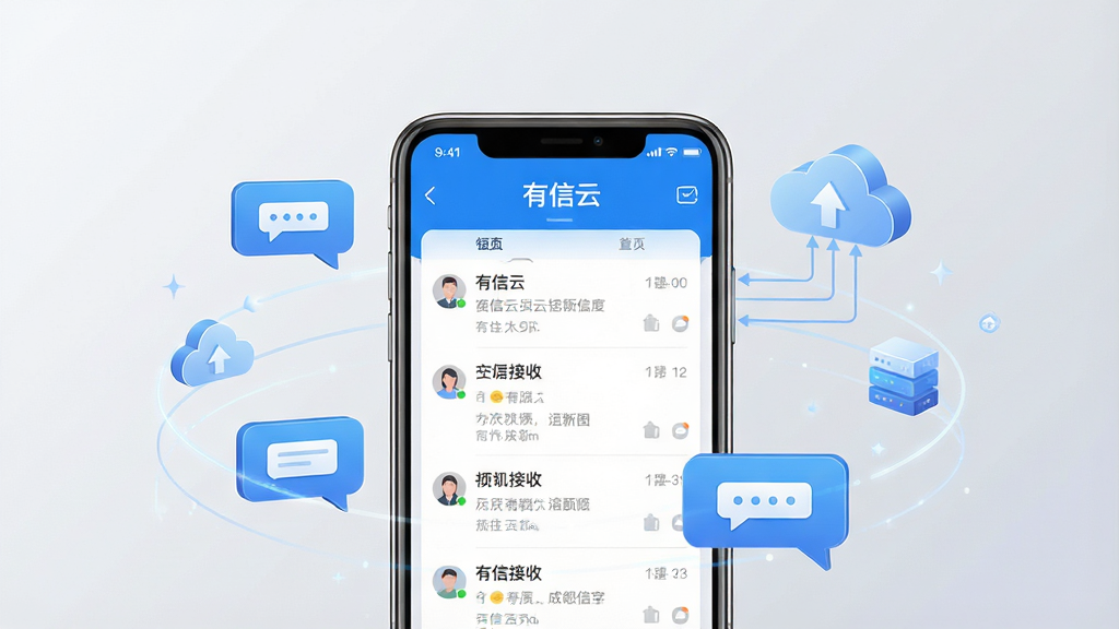 一张展示有信云应用界面的概念图,画面中央是一部智能手机,屏幕显示有信云APP的短信接收列表界面,顶部有