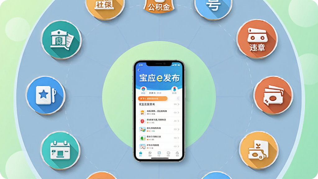 一幅横版功能展示图,画面为一个圆形服务大厅的俯视概念图,圆形周围环绕着社保、公积金、违章、缴费、挂号等图标,圆形中心是一部手机显示“宝应e发布”界面,整体布局为圆形放射状构图,风格为清新扁平化商业插画,细节上每个图标都带有微小的立体阴影,背景为浅绿色渐变,画质干净清晰,无多余元素,图片中文字“宝应e发布”在手机屏幕上清晰可见