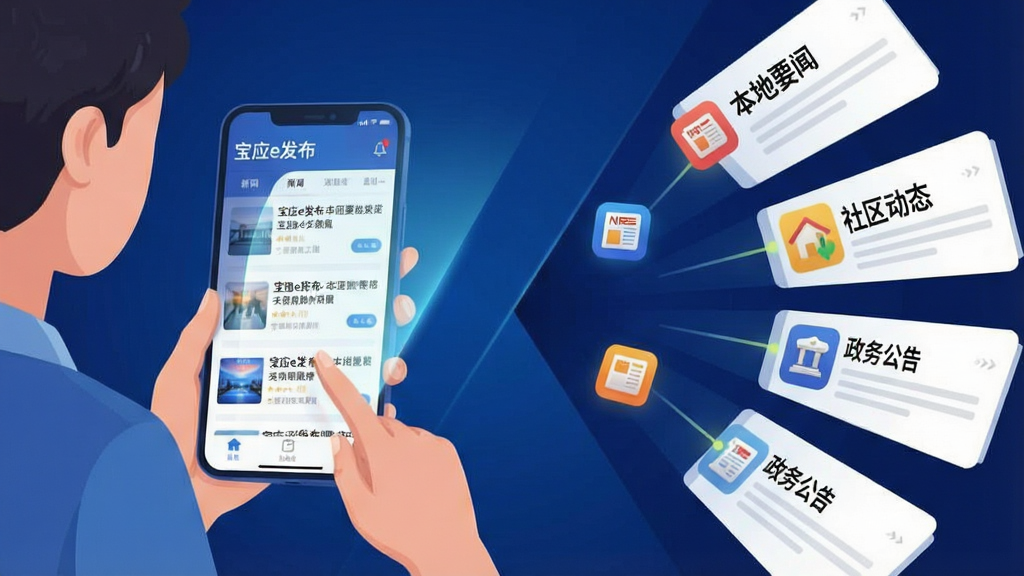 一幅横版应用功能展示图,画面左侧是一位用户正在使用手机阅读新闻,手机屏幕上显示“宝应e发布”的新闻列表界面,右侧以放射状排列多个新闻图标和资讯卡片,卡片上标注“本地要闻”“社区动态”“政务公告”等字样,整体布局为左人右图的对角线构图,风格为现代科技感扁平插画,细节上手机屏幕发出微光,背景为深蓝色渐变,画质高清干净,无多余元素,图片中文字“宝应e发布”清晰可见