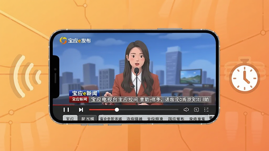 一幅横版功能展示图,画面中央是一部智能手机横屏放置,屏幕上播放着宝应电视台的新闻节目画面,屏幕下方有播放控制条和节目列表,手机两侧分别有电视信号波纹和回看时钟图标,整体布局为居中对称构图,风格为现代扁平化科技插画,细节上屏幕画面带有新闻字幕条,背景为暖橙色渐变,画质清晰干净,无多余元素,图片中文字“宝应e发布”出现在手机屏幕角落