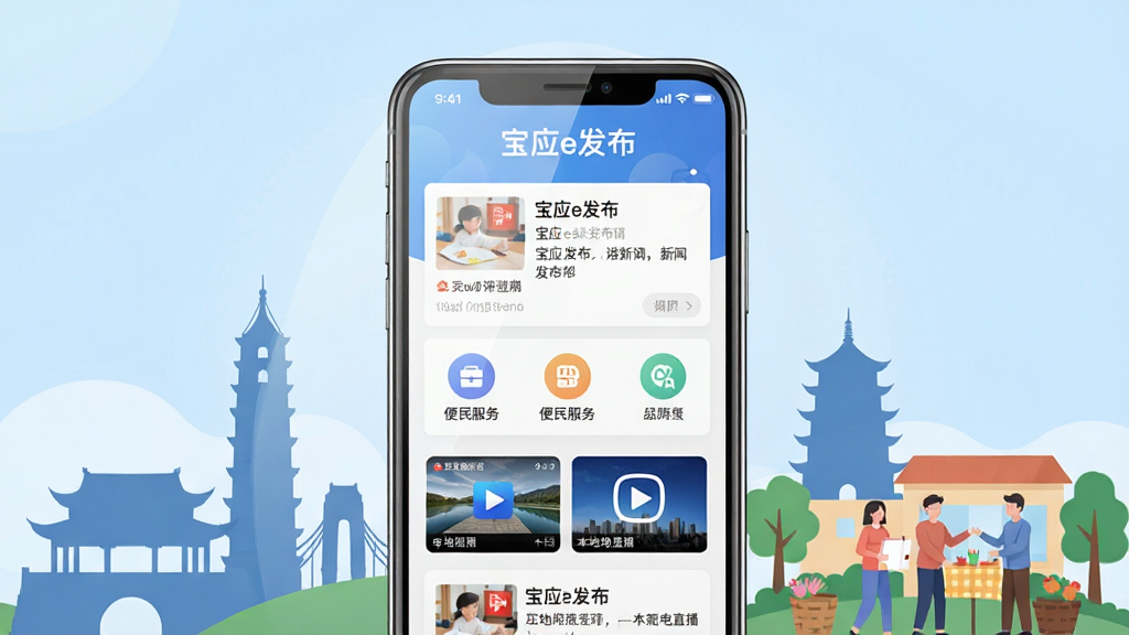 一幅横版手机应用展示图,画面中央是一部现代智能手机,手机屏幕上显示着“宝应e发布”应用的主界面,界面中包含新闻资讯卡片、便民服务图标和本地电视直播入口,手机周围环绕着宝应地区标志性建筑剪影和社区生活场景插画,整体布局为左右均衡的构图,风格为清新扁平化UI插画风,细节上手机屏幕带有微光反射效果,背景为柔和的浅蓝色渐变,画质清晰干净,无多余元素,图片中文字“宝应e发布”清晰可见