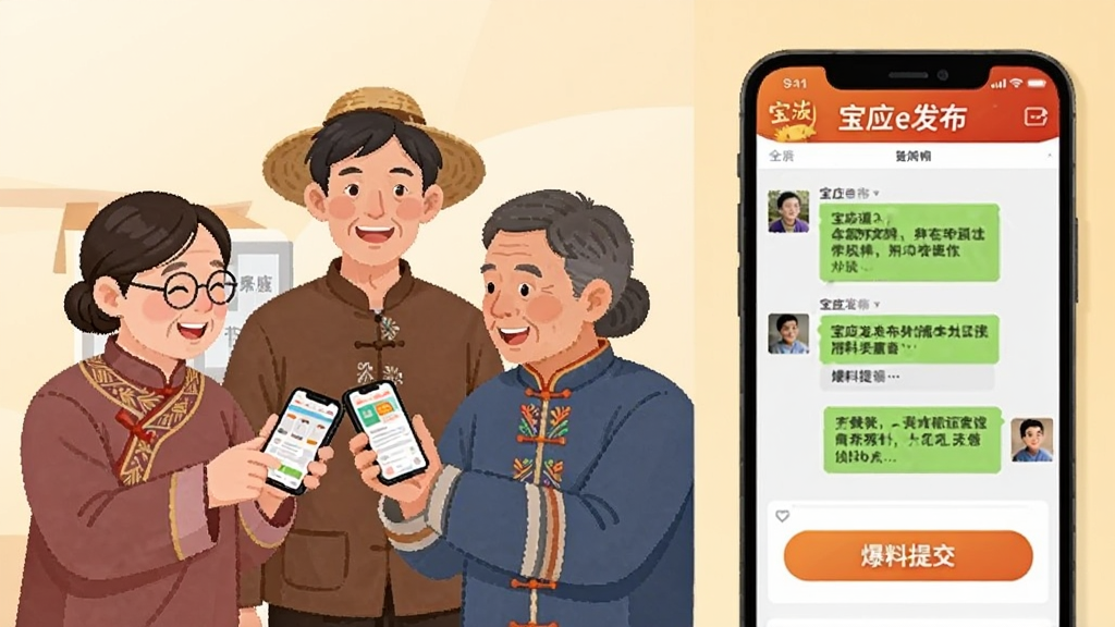 一幅横版功能展示图,画面左侧是几位不同年龄的宝应居民拿着手机微笑互动,右侧是手机屏幕显示“宝应e发布”的社区聊天界面和爆料提交按钮,整体布局为左右分栏构图,风格为温暖生活化扁平插画,细节上人物衣着带有宝应地方特色元素,背景为柔和的米黄色渐变,画质清晰干净,无多余元素,图片中文字“宝应e发布”在手机屏幕上可见