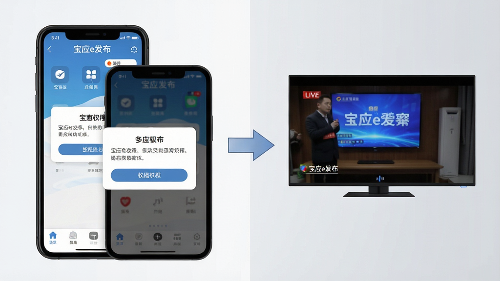 一幅横版操作指南示意图,画面分为左右两部分,左侧展示手机安装界面和权限弹窗,右侧展示应用主界面和电视直播画面,中间用箭头连接表示操作流程,整体布局为左右对比构图,风格为简洁明快的扁平化教程插画,细节上弹窗按钮和导航栏图标清晰可辨,背景为浅灰色渐变,画质干净清晰,无多余元素,图片中文字“宝应e发布”出现在手机屏幕顶部