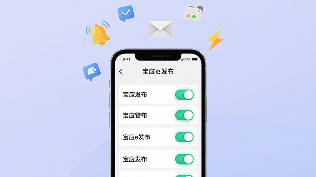 一幅横版功能展示图,画面中央是一部手机屏幕显示“宝应e发布”的订阅管理界面,界面中多个频道开关处于开启状态,手机上方漂浮着铃铛、信封、闪电等通知图标,整体布局为居中垂直构图,风格为简约科技扁平插画,细节上开关按钮带有发光效果,背景为淡紫色渐变,画质清晰干净,无多余元素,图片中文字“宝应e发布”在屏幕顶部可见