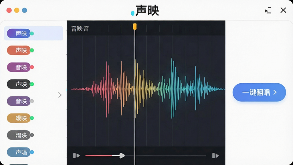一张展示声映AI翻唱功能的界面截图,画面中央是一个音乐波形编辑区域,左侧列出多个音色选项,右侧有