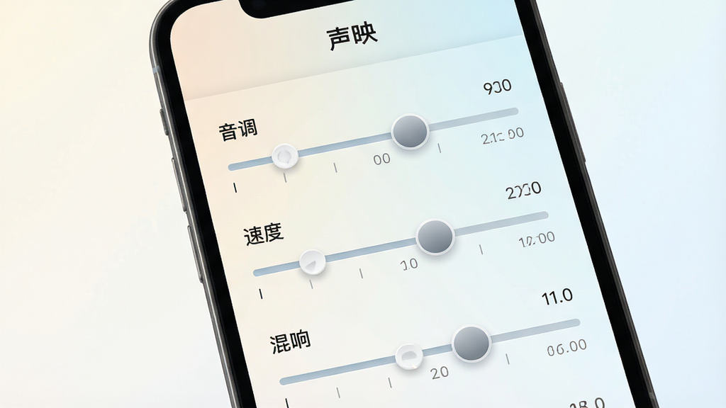 一张声映音频参数调节界面的生图,画面展示手机屏幕上多个滑动条控件,分别标注音调、速度、混响等参数名称,背景为浅色渐变,顶部有