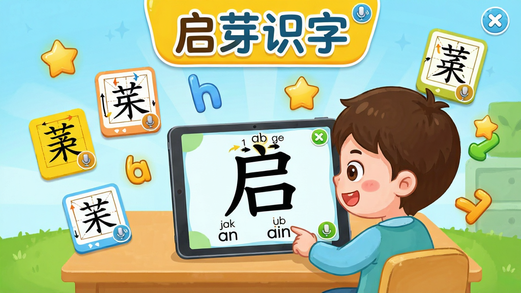 ��ѿʶ�����������棬��������չʾһ�������Ķ�ͯѧϰ������һλ��ͨС�к���������ǰʹ��ƽ�����ѧϰ���֣���Ļ����ʾ���ĺ��ֺ�ƴ������ΧƯ���Ÿ��ֲ�ɫ���ֿ�Ƭ��ƴ����ĸ�����ǽ���ͼ�꣬���ֲ������ĶԳƹ�ͼ���Ϸ����������ơ���ѿʶ�֡������ֱ�ʶ��������Ϊ���¿ɰ��Ŀ�ͨ�廭�磬ɫ�������ơ�����������Ϊ����ϸ�ڰ������ֿ�Ƭ�ϵ����ָ񡢱�˳��ͷ��С��Ͳͼ�꣬�����������ɾ��������޶���Ԫ��