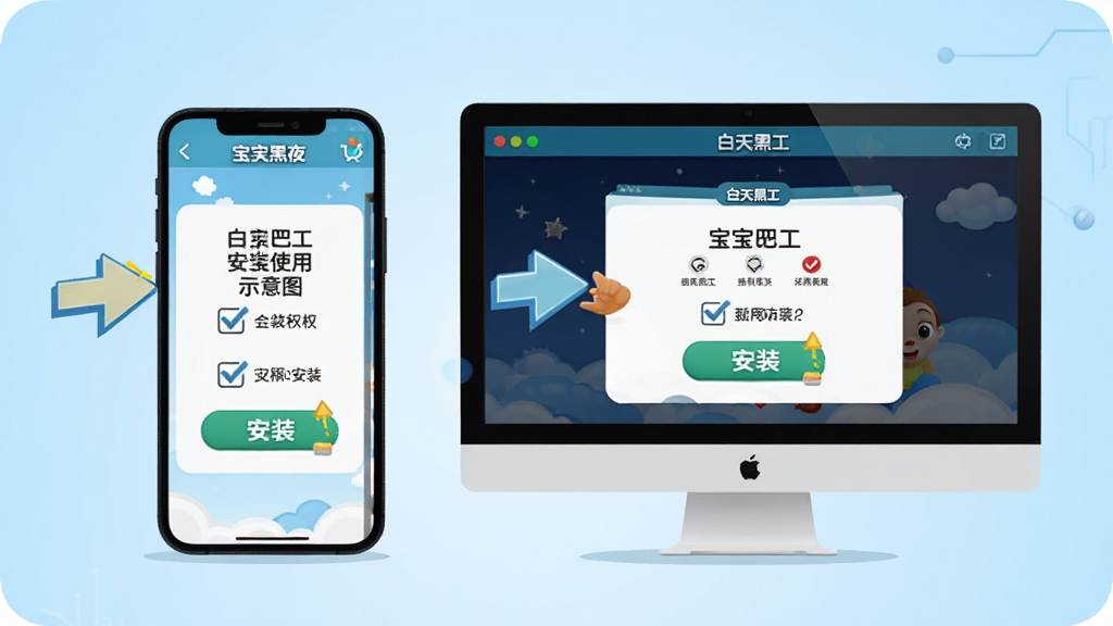 白天黑夜-宝宝巴士安装使用示意图,手机和电脑并排展示软件安装界面,卡通箭头指示操作步骤,背景为浅蓝色渐变,布局清晰有序,风格为扁平化科技风,细节包括勾选权限、点击安装按钮等元素,画质高清,干净无多余元素