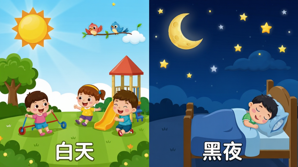 白天黑夜-宝宝巴士互动场景截图,左侧为明亮的白天场景,有太阳、小鸟、小朋友在公园玩耍,右侧为深蓝色的夜晚场景,有月亮、星星、小朋友在床上睡觉,界面布局左右对称,风格为卡通插画,细节丰富,画质清晰,干净无多余元素,图片中文字标注“白天”和“黑夜”