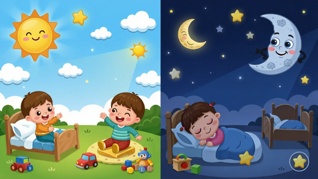 白天黑夜-宝宝巴士软件主界面,卡通风格的白天与黑夜场景对比,太阳和月亮拟人化形象,可爱的小朋友在白天玩耍、夜晚睡觉的画面,布局为左右分屏展示昼夜差异,排版清晰明了,风格为儿童插画风,细节包括星星、云朵、小床、玩具等元素,画质高清,干净整洁,无多余元素