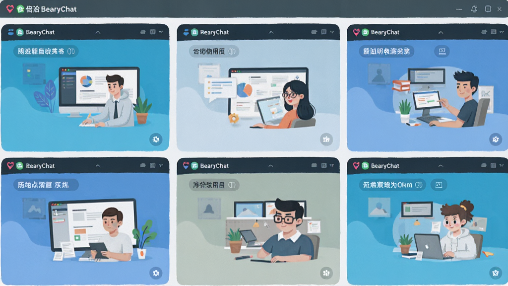 多个团队频道窗口并排展示,每个频道标注不同项目名称,界面中带有倍洽BearyChat标志,扁平插画风格,布局整齐,细节清晰,画质干净,无多余元素