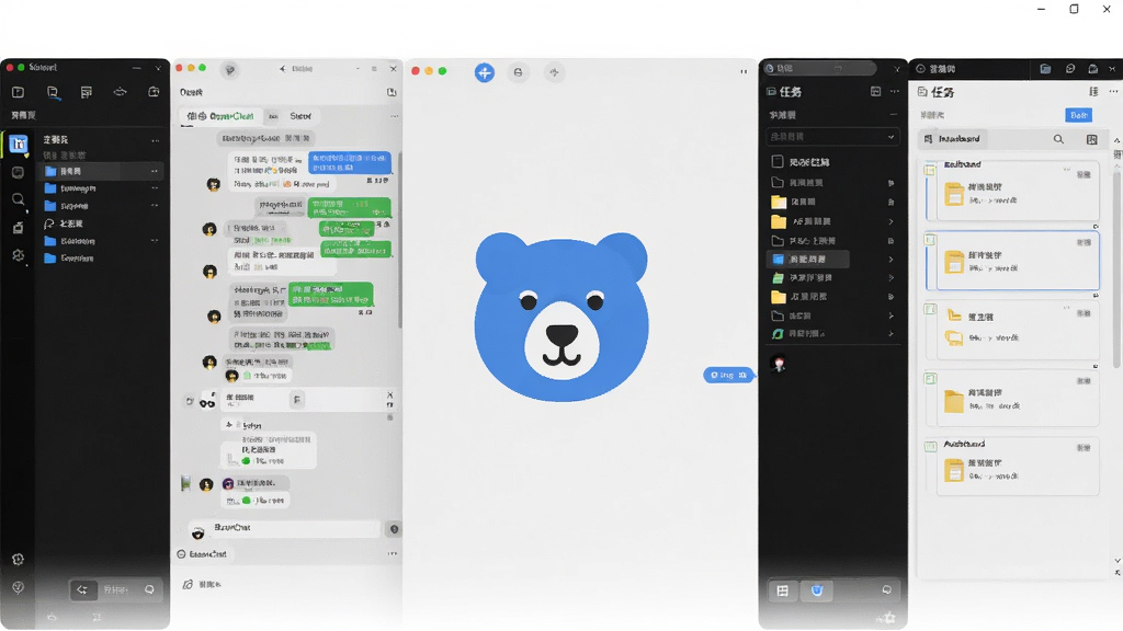 软件主界面全景展示,中央是倍洽BearyChat标志性蓝色熊头图标,周围环绕聊天窗口、文件面板和任务看板,布局清晰,扁平化设计风格,细节丰富,画质干净,无多余元素