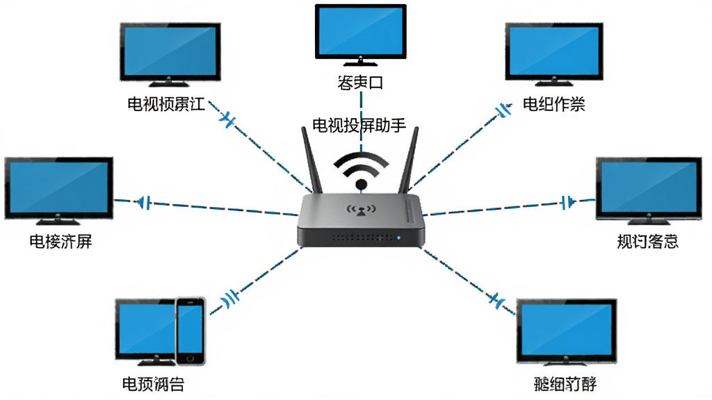 画面主体是一个WiFi路由器为中心,四周连接着不同品牌的电视图标与手机图标,布局为星型拓扑结构,排版居中放射,风格为简约网络拓扑图,细节包括每个电视图标下方标注品牌名称、中心路由器上方显示“电视投屏助手”文字,画质清晰干净无多余元素