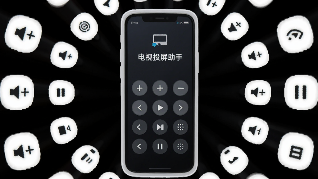 画面主体是一部手机变成遥控器形状,周围环绕电视遥控器按键图标,布局为手机居中、图标环绕四周,排版呈放射状,风格为科技感UI图标集合,细节包括手机屏幕显示“电视投屏助手”遥控界面、按键图标包含音量加减与播放暂停,画质干净整洁无多余元素