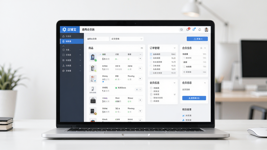 软件全貌概览图,画面中央展示一台打开的笔记本电脑,屏幕中呈现店铺宝 通用会员版软件主界面,界面包含商品列表、订单管理、会员信息等模块,布局采用左右分栏结构,整体为现代简约办公风格,色调以蓝白灰为主,细节上屏幕内有清晰的数据表格与功能按钮,画面干净整洁,无多余装饰元素,2K画质,适合软件下载站展示