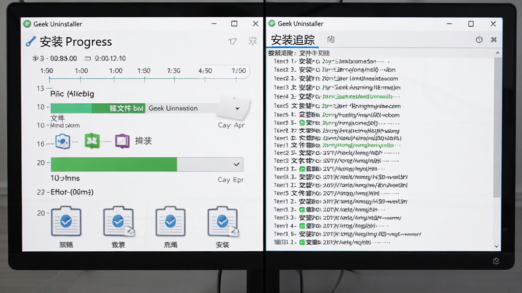 ������Ļ��Ϊ�������룬����Ϊ�����ʾ��װ���ȣ��Ҳ���ʾ Geek Uninstaller ��¼��־������Ϊ�Աȹ�ͼ���Ű�����չʾ��ع��̣����Ϊ���ݿ��ӻ����ϸ�ڰ���ʱ���ᡢ�ļ�·����ע���ͼ�꣬�����������ɾ��޶���Ԫ�أ������д������� 