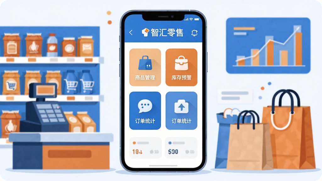 画面中央放置一部智能手机,手机屏幕显示智汇零售APP的首页界面,界面包含商品管理、库存预警、订单统计等模块图标。手机周围环绕着超市货架、收银台、购物袋、数据图表等零售元素,整体采用扁平化插画风格,色调以蓝色和橙色为主,干净明亮,画面简洁无多余装饰,高清画质,适合作为软件下载站头图。