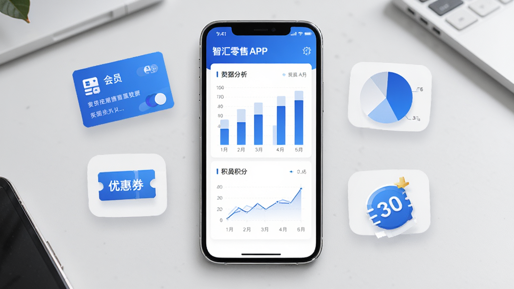 画面为智汇零售APP的数据分析页面,手机屏幕显示柱状图、饼图、折线图等数据可视化图表,旁边有会员卡、优惠券、积分图标环绕。背景为浅灰色办公桌面,整体风格简洁商务,蓝色与白色搭配,画面干净有序,高清画质。
