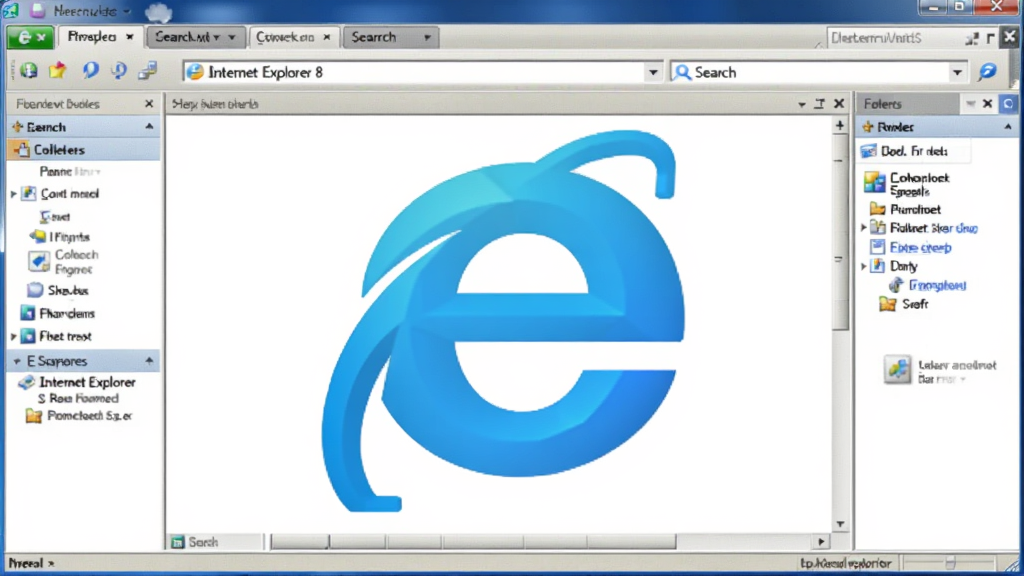 一张展示Internet Explorer 8浏览器主界面的全景图,画面中央是IE8标志性的蓝色e字母图标,周围环绕着经典网页窗口、标签页、地址栏和收藏夹面板,布局采用居中对称排版,风格为写实软件界面截图风格,细节包括工具栏按钮、搜索框和状态栏,画质清晰干净,无多余元素,整体呈现专业软件展示效果