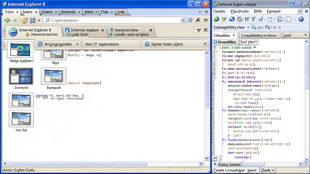 一张展示Internet Explorer 8多标签页浏览与开发者工具界面的组合图,画面左侧为多标签页窗口,右侧为开发者工具面板,布局采用左右对比排版,风格为专业软件教学截图风格,细节包括标签页缩略图、代码行、兼容性视图按钮,画质清晰干净,无多余元素,体现浏览器功能丰富性