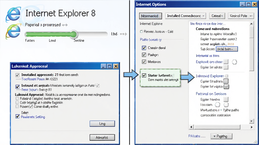一张展示Internet Explorer 8安装向导与设置界面的流程图,画面分为左右两部分,左侧为安装进度条和许可协议窗口,右侧为Internet选项设置面板,布局采用步骤引导式排版,风格为清晰教学图解风格,细节包括勾选框、按钮高亮和路径指示箭头,画质干净无多余元素,突出安装与配置过程