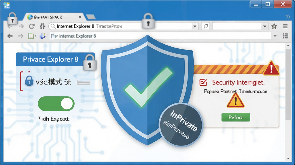 一张展现Internet Explorer 8安全防护功能的示意图,画面主体是IE8浏览器界面,前方悬浮着盾牌形状的安全图标和InPrivate隐私浏览标识,布局采用左右分栏排版,左侧展示隐私模式开关,右侧展示安全拦截提示,风格为科技感扁平化设计,细节包括锁形图标、绿色对勾和警告三角,画质高清干净,无多余元素,突出浏览器安全防护主题