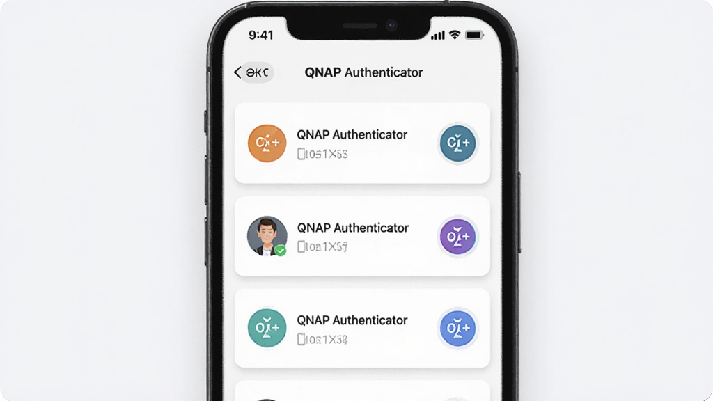 一张 QNAP Authenticator 多账户管理功能的示意图,画面主体是一部手机展示 QNAP Authenticator 应用内多个账户列表,每个账户名称旁有独立的验证码图标,布局为垂直列表排列,背景为浅色简洁界面,风格为现代卡片式设计,细节上每个账户卡片有轻微的阴影效果,图标颜色区分明显,画质清晰,干净无多余元素