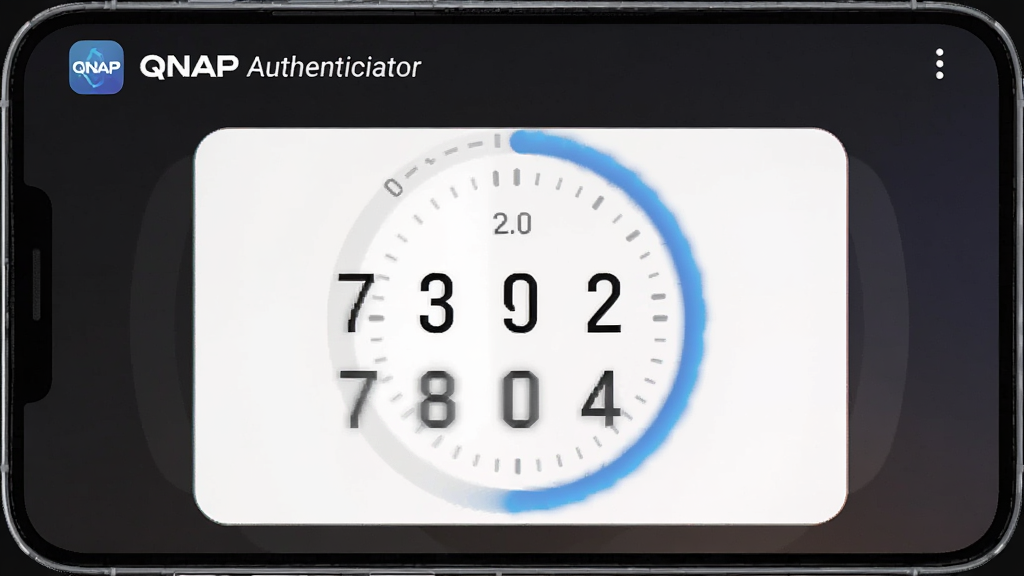 一张 QNAP Authenticator 动态验证码生成功能的界面截图,画面主体是一部安卓手机,屏幕显示 QNAP Authenticator 应用主界面,中央有一个醒目的六位数字验证码区域,周围环绕着倒计时圆环,顶部有 QNAP Authenticator 应用名称标识,布局简洁清晰,背景为深色渐变,风格为现代移动应用界面设计,细节上数字字体清晰锐利,倒计时圆环有动态感,画质高清,干净无多余元素
