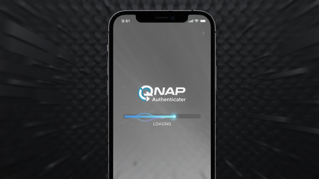 一张 QNAP Authenticator 应用启动速度与界面响应效果的展示图,画面主体是一部手机,屏幕上 QNAP Authenticator 应用正在快速加载,界面中央有加载进度条和 QNAP Authenticator 标识,布局为居中构图,背景为深色科技感纹理,风格为动态模糊效果,细节上进度条有光效流动感,标识清晰,画质高清,干净无多余元素