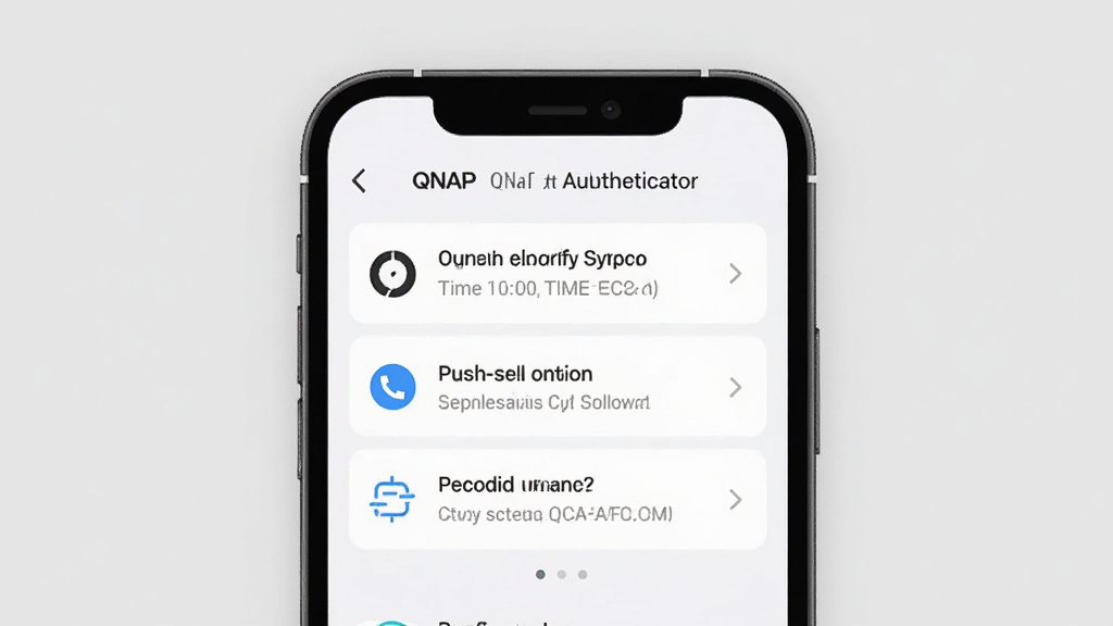 一张 QNAP Authenticator 移动端使用技巧与注意事项的示意图,画面主体是一部手机展示 QNAP Authenticator 设置界面,界面中有时间同步、推送通知、备份恢复等选项,布局为垂直列表,背景为浅灰色简洁风格,细节上每个选项有对应图标,画质清晰,干净无多余元素