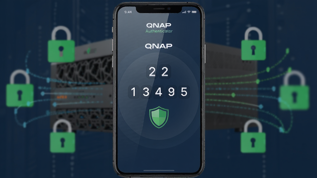 一张展示 QNAP Authenticator 软件核心功能的场景图,画面主体是一部智能手机,屏幕上显示着 QNAP Authenticator 的动态验证码界面,界面中央有醒目的六位数字验证码和一个盾牌安全图标,背景是模糊的威联通 NAS 设备与数据安全防护元素,布局采用居中构图,手机位于画面正中央,四周环绕着锁形图标与数据流线条,风格为现代科技感扁平化设计,细节上手机屏幕有轻微反光,图标边缘锐利,整体色调以深蓝与亮绿为主,画质清晰,干净无多余元素