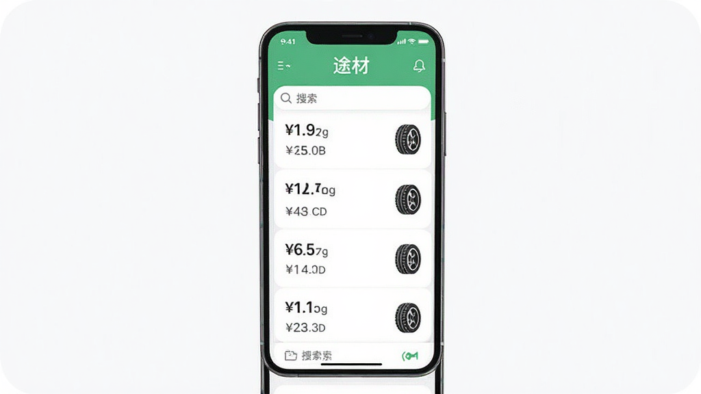 手机应用界面展示轮胎价格列表,主体为一部智能手机,布局为竖屏展示,排版整齐,风格为清新简约的UI设计,细节包括价格数字、轮胎小图标和搜索框,画质清晰,画面干净,无多余元素,屏幕中显示文字“途材”