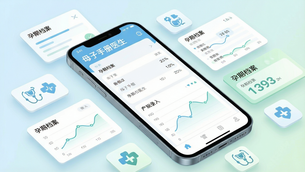 母子手册医生APP内孕期档案数字化功能展示,主体为手机屏幕显示产检数据录入界面与趋势图表;布局为手机斜放,屏幕内容放大突出,周围散落着虚拟的数据卡片和医疗图标;排版以手机为中心,数据卡片环绕;风格为清新医疗科技风,色调以浅蓝、白色、淡绿为主;细节包括图表线条流畅,数据点清晰,界面干净;画质为高清2K,无多余元素,画面中文字需包含“母子手册医生”和“孕期档案”。