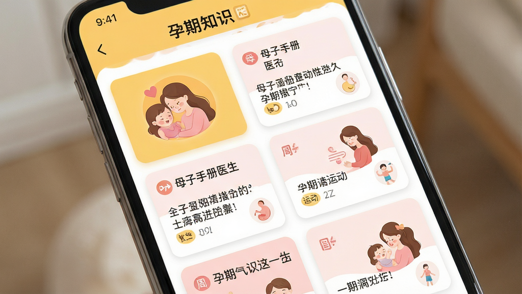 母子手册医生APP内孕期知识推送界面,主体为手机屏幕显示按孕周分类的科普文章列表;布局为手机正面展示,屏幕内文章卡片整齐排列,配有温馨的母婴插图;排版清晰,卡片式设计;风格为温馨治愈系,色调以暖黄、浅粉、白色为主;细节包括文章标题清晰可见,配有孕期饮食、运动等小图标;画质为高清2K,干净无多余元素,画面中文字需包含“母子手册医生”和“孕期知识”。