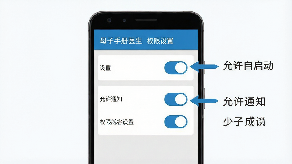 母子手册医生安卓手机安装与权限设置示意图,主体为一部安卓手机显示设置界面中的权限管理页面;布局为手机屏幕特写,旁边有箭头指向“允许自启动”“允许通知”等开关;排版简洁,以手机为中心;风格为扁平化教程风,色调以蓝白灰为主;细节包括开关按钮清晰,背景为纯色;画质高清,干净无多余元素,画面中文字需包含“母子手册医生”和“权限设置”。