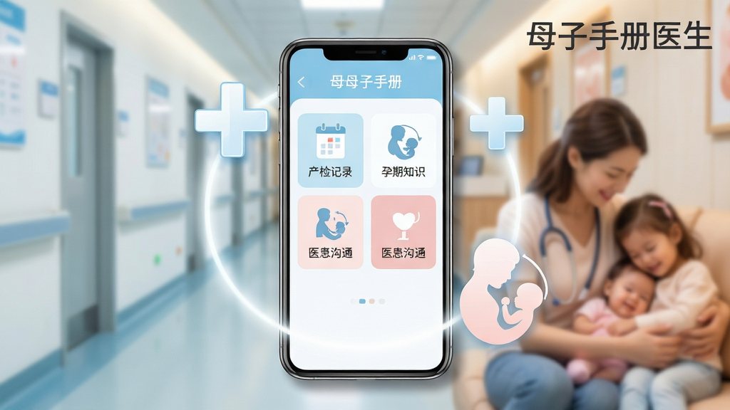 母子手册医生软件主界面展示,主体为一部智能手机,屏幕中显示孕期健康管理APP的首页,包含产检记录、孕期知识、医患沟通等模块图标;布局为手机居中放置,周围环绕柔和的光晕与医疗十字、母婴剪影等元素;排版简洁清晰,重点突出手机屏幕内容;风格为现代扁平化医疗科技风,色调以浅蓝、白色、淡粉为主;细节包括手机边缘有轻微阴影,背景有模糊的医院走廊或温馨家庭场景;画质为高清2K,干净无多余元素,画面中文字需包含“母子手册医生”字样。