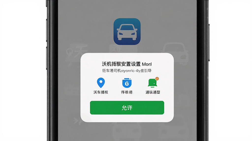 沃车港司机新手安装设置引导界面,主体为手机屏幕显示权限授权弹窗,布局为居中手机视图,排版上方为应用图标下方为权限说明按钮,风格为简洁引导页,细节包含定位图标、存储图标、通知图标、允许按钮,画质高清干净无多余元素