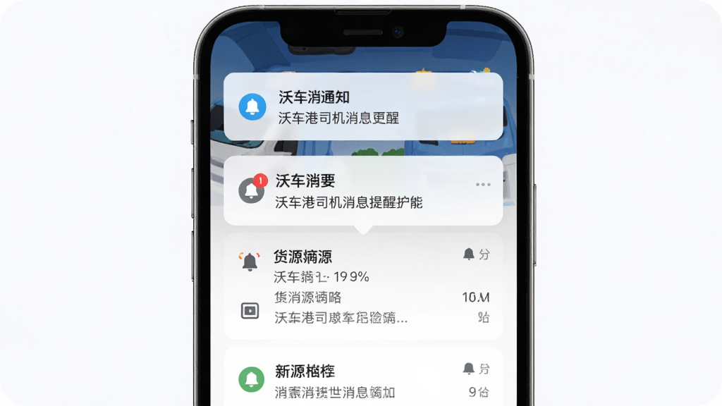 沃车港司机消息提醒功能展示,主体为手机屏幕弹出新货源通知,布局为手机特写居中,排版上方为通知横幅下方为消息列表,风格为现代移动端UI,细节包含铃铛图标、未读红点、货源摘要文字,画质高清干净无多余元素