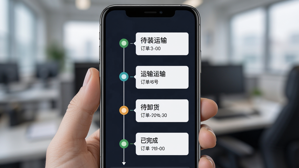 沃车港司机订单管理界面展示,主体为手机屏幕内订单状态流程图,布局为纵向时间轴排列,排版从上到下依次为待装货运输中待卸货已完成,风格为简洁商务风,细节包含状态圆点、连接线、订单编号、时间戳,画质高清干净无多余元素