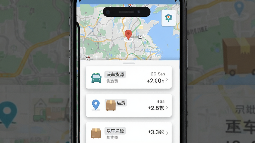 沃车港司机智能货源匹配功能展示,主体为手机屏幕特写,屏幕中显示货源卡片列表与地图定位点,布局为居中手机正面视图,排版上方为地图下方为货源列表,风格为扁平化UI展示,细节包含定位图标、货物图标、运费数字、卡片阴影,画质高清干净无多余元素