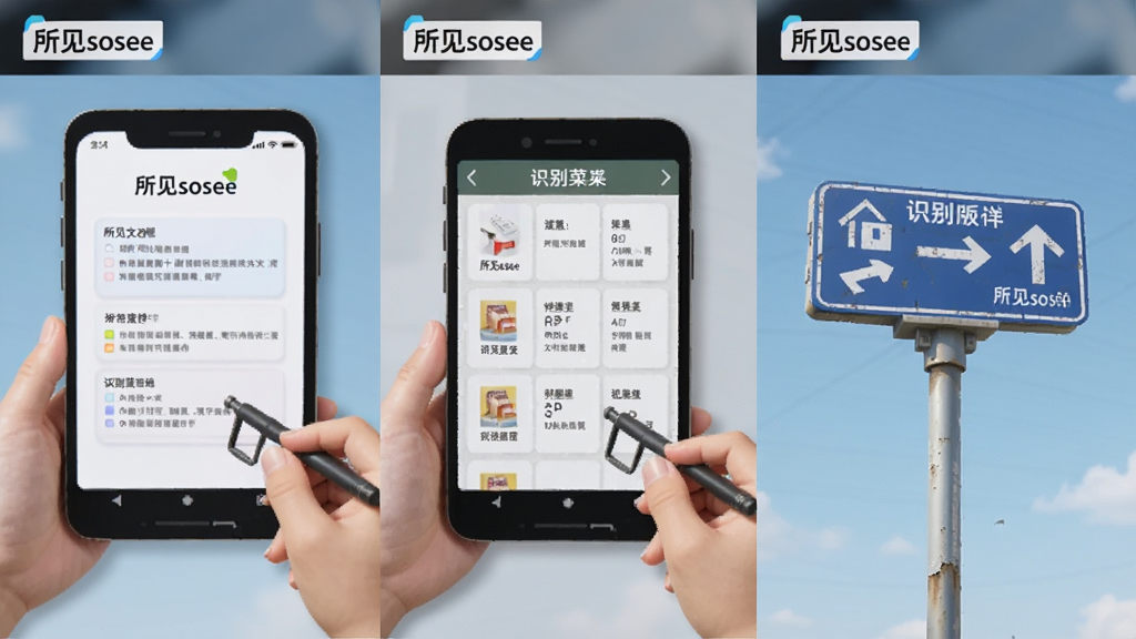 一张合成场景图,画面分为三个区域,分别展示