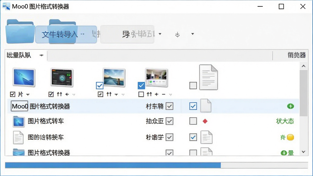 Moo0 图片格式转换器批量处理界面图,主体为软件窗口展示文件列表与批量转换进度,布局采用上下结构,上方为文件夹导入按钮,下方为文件队列与进度条,排版整齐有序,风格为清爽办公软件风,细节包含多个缩略图、勾选框与状态标识,画质清晰干净,无多余元素,界面中显示“Moo0 图片格式转换器”字样